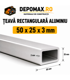 Teava rectangulara aluminiu 50 x 25 x 3 mm, 6 metri (EN AW-6060)